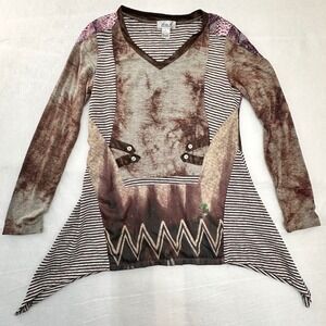 Ania‎ A Womens XL Mixed Media Tunic Top Boho Sharkbite Hem Brown Purple Striped